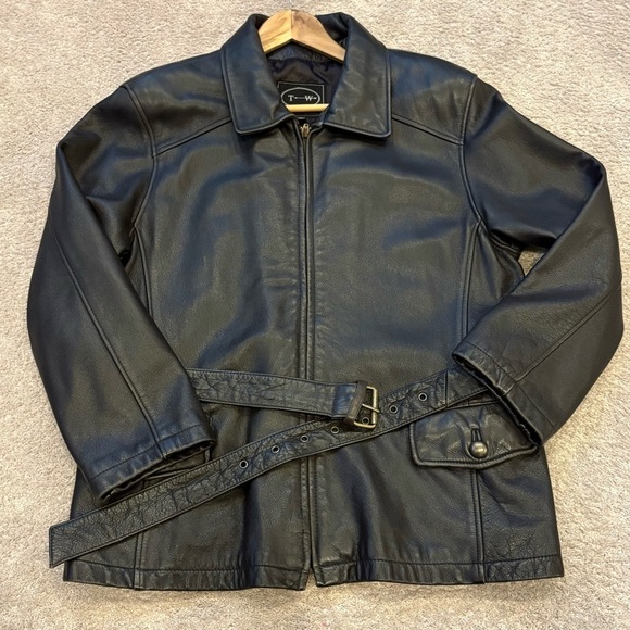 Tannery West Jackets & Blazers - VTG 90s Tannery West Leather Black Brown Belt Collar Zip Jacket Coat Women XL